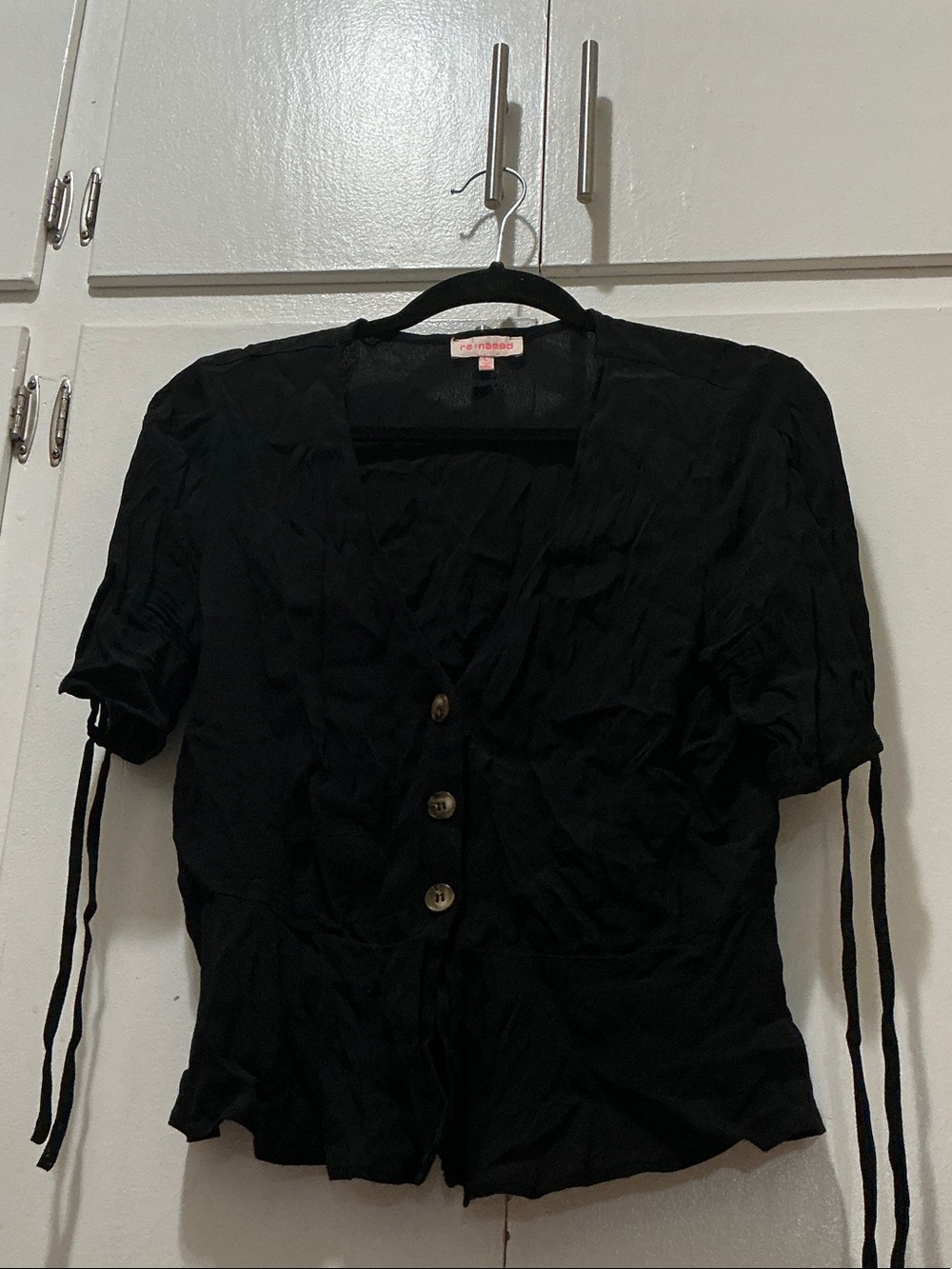 re:named Black Short Sleeve Button Front Top with Tie Details